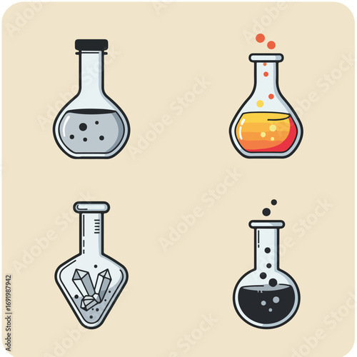 Lab Flasks Four flasks with different liquids/objects inside