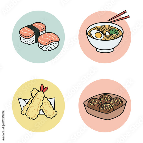 Asian Foods Sushi, Ramen, Tempura, Takoyaki