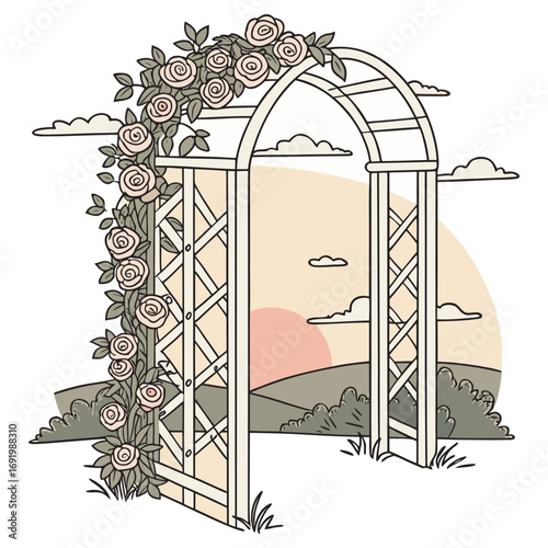 Romantic wedding ceremony arbor adorned with layers of soft pink and ivory roses, ivy vines curling through latticework, backlit by glowing sunset, with