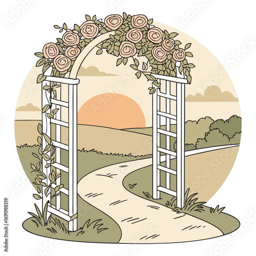Romantic wedding ceremony arbor adorned with layers of soft pink and ivory roses, ivy vines curling through latticework, backlit by glowing sunset, with
