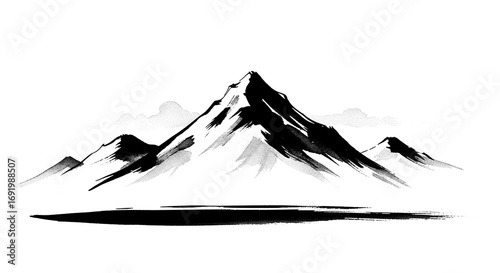 Classic Japanese zen painting of layered mountain ranges in black watercolor style with transparent background