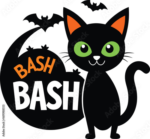 Cute Cartoon Black Cat with Bats for a Halloween Bash Invitation