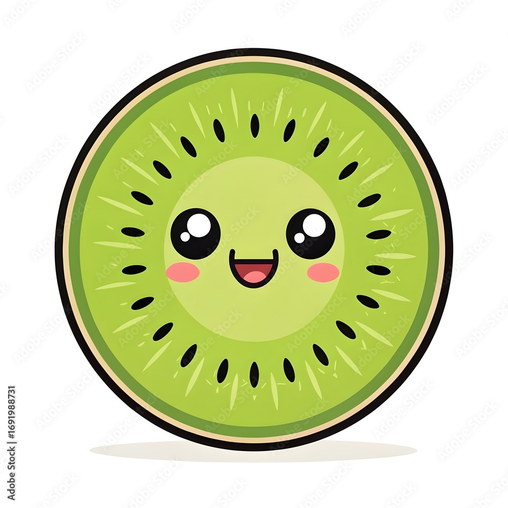 Fototapeta premium Adorable Chibi Kiwi Slice with a Bright Smile, Cute Kawaii Tropical Fruit Cartoon Character with Cheerful Face, Playful Healthy Food Illustration Full of Whimsical Charm and Joy