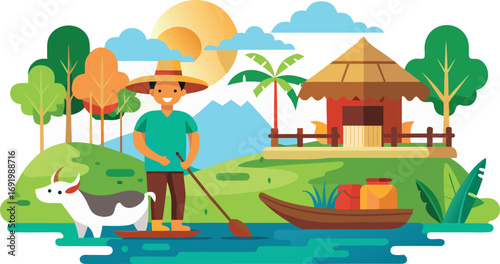 Rural farmer with cow and paddy field in a peaceful village scene