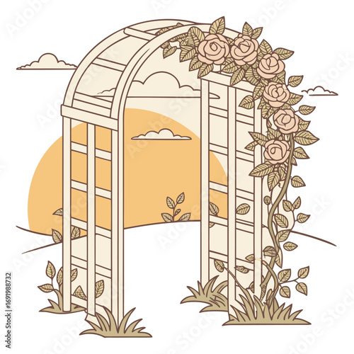 Romantic wedding ceremony arbor adorned with layers of soft pink and ivory roses, ivy vines curling through latticework, backlit by glowing sunset, with
