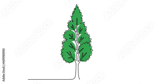 Whimsical single line art illustration of a stylized verdant coniferous tree