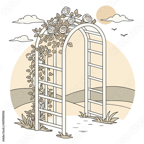 Romantic wedding ceremony arbor adorned with layers of soft pink and ivory roses, ivy vines curling through latticework, backlit by glowing sunset, with