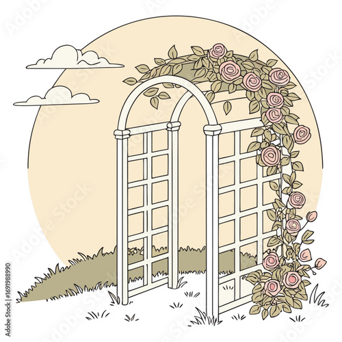 Romantic wedding ceremony arbor adorned with layers of soft pink and ivory roses, ivy vines curling through latticework, backlit by glowing sunset, with