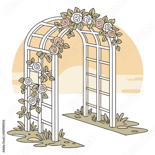 Romantic wedding ceremony arbor adorned with layers of soft pink and ivory roses, ivy vines curling through latticework, backlit by glowing sunset, with