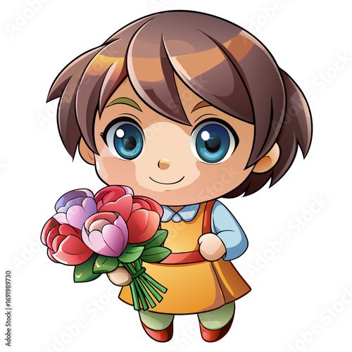 Featuring Create Bold Stroke Kawaii Chibi Child Holding Bouq Dynamic Premium Digital Asset