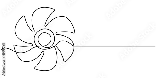 Continuous one line drawing of a fan with blades, depicting coolness and freshness, line art style vector illustration, Single continuous line drawing of a table fan, Continuous Line Drawing. 