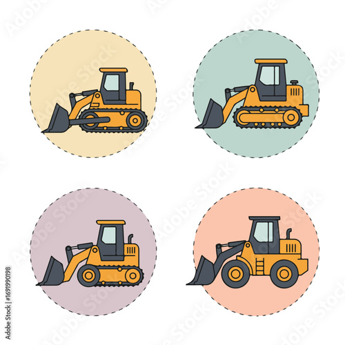 Four construction loaders on circles with dashed outlines