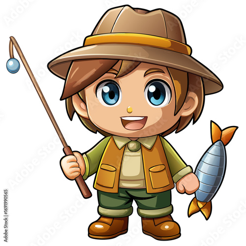 Create Bold Stroke Kawaii Chibi Fisherman Holding High-Quality Stock Image Perfect for Editorial Con