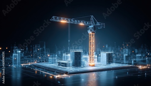 Digital city construction, crane, wireframe
