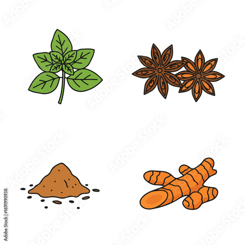Spices Aromatic basil, star anise, powder pile, and orange turmeric roots