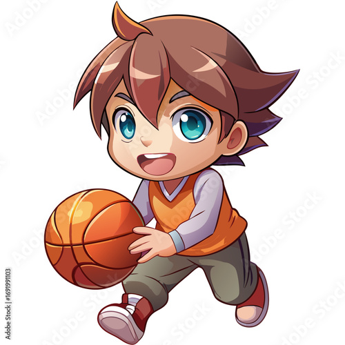 Beautiful Create Bold Stroke Kawaii Chibi Kid Dribbling Bask Premium Digital Asset