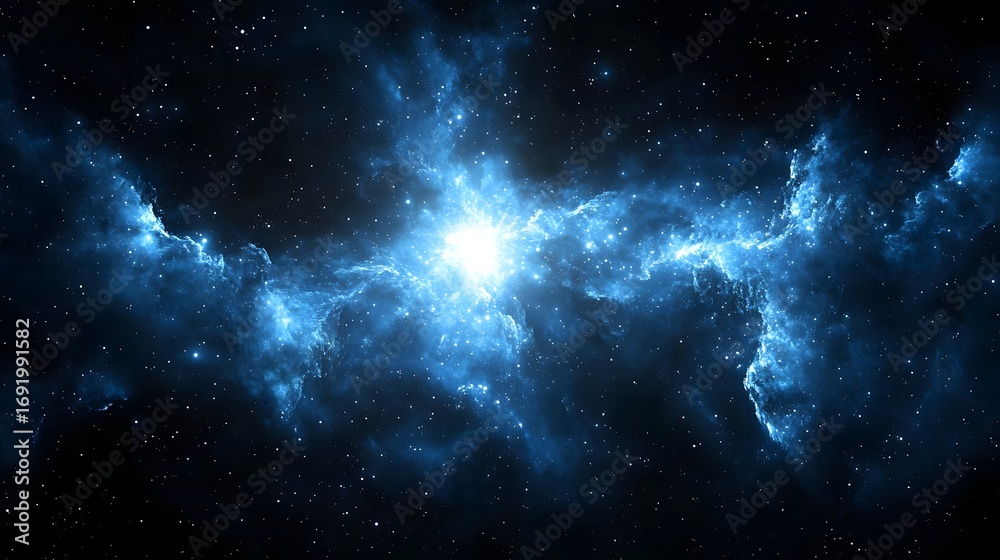 Fototapeta premium Vivid blue nebula with bright star cluster and countless stars in deep space Universe