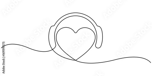 One line headphones with heart. Continuous drawing of music gadget. Continuous linear sketch. Doodle vector illustration. 