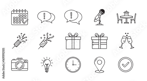 Collection of hand drawn celebration and event icons in silhouette