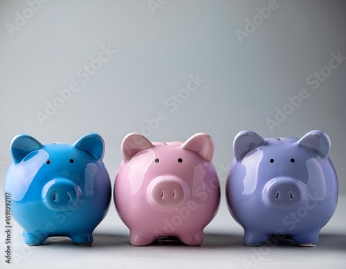 Many lilac, blue, and pink pastel colors piggy banks on light gray background with copy spce. Generated image