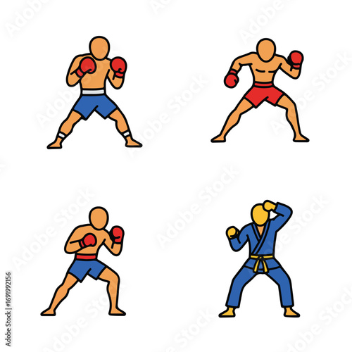 Martial Arts People in fighting stances with boxing gloves & karate gi