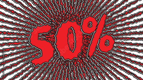 Bold 50 percent off sale announcement bursts with energy, ideal for retail promotions and limited-time offers