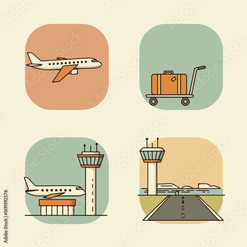 Airport Icons Plane, luggage, terminal, and control tower icons