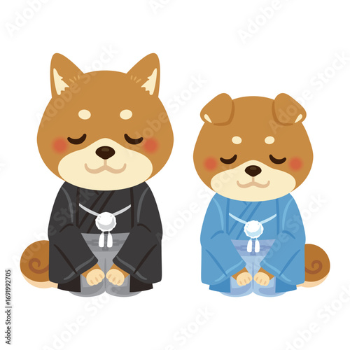 晴れ姿の戌年のキャラクター　親子　お辞儀