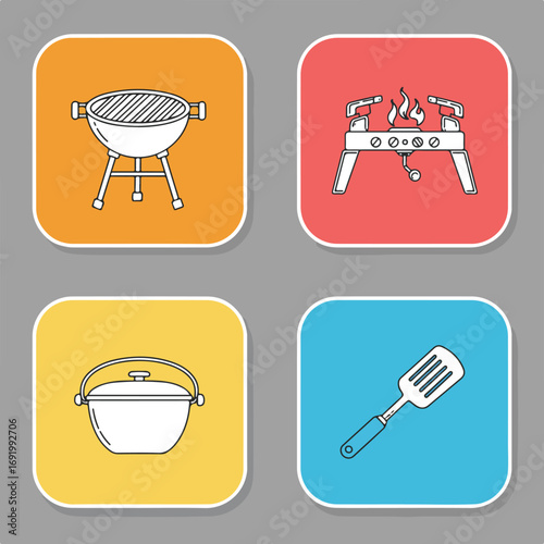 Camping gear grill, stove, pot, spatula icon set