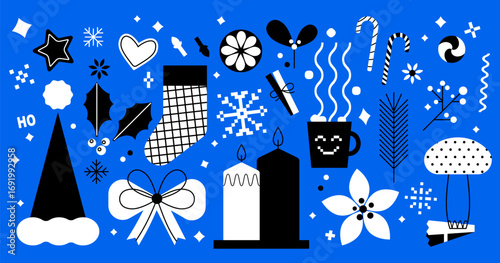 A set of Christmas winter white black elements at minimal flat style. Merry Xmas icons of holly leaves, hot chocolate, candy cane, cookies, snowflakes and holiday stickers on a bright blue background