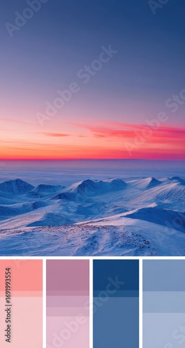 Winter sunrise over snowy peaks, color palette