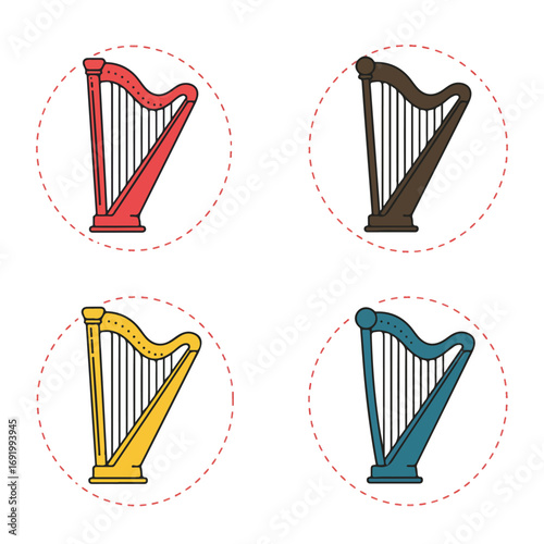 Four harps red, brown, yellow, and blue, each in dotted circles