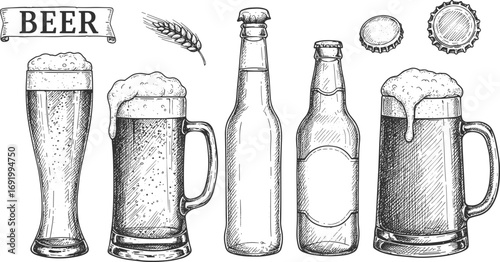 Vintage beer illustrations, hand-drawn beer glasses, bottles, mugs, wheat, and caps, classic engraving style for brewing, pub, bar menus.