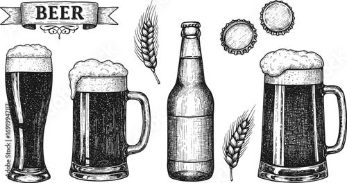 Vintage beer illustrations, hand-drawn beer glasses, bottles, mugs, wheat, and caps, classic engraving style for brewing, pub, bar menus.