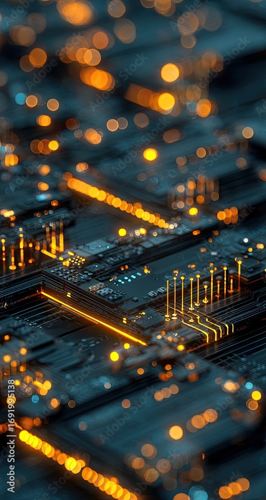 Obraz premium Close-up of intricate circuit board with glowing lines and bokeh