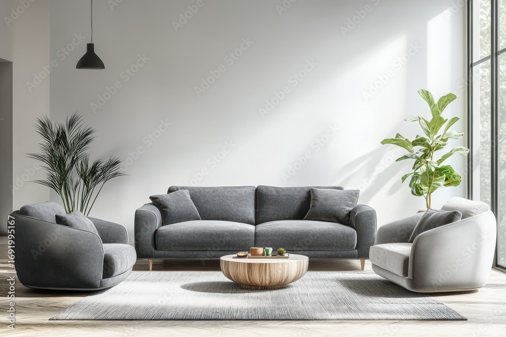 Fototapeta premium Modern Living Room Interior Design with Gray Sofa, Armchairs, Rug, and Natural Light Decor