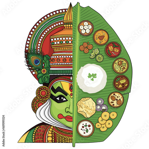 Kathakali Dancer and Traditional Sadya Food Illustration