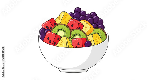 A white bowl filled with a colorful assortment of fresh fruit, including watermelon, pineapple, kiwi, and grapes, presented on a plain background.