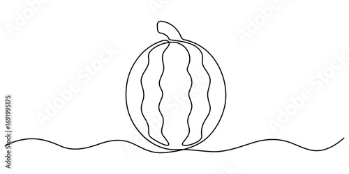 Continuous one line drawing Water Melon Fruit. Bright juicy summer fruit concept. Doodle vector illustration, Watermelon one continuous line design. Fruits symbol design concept. Decorative elements. 