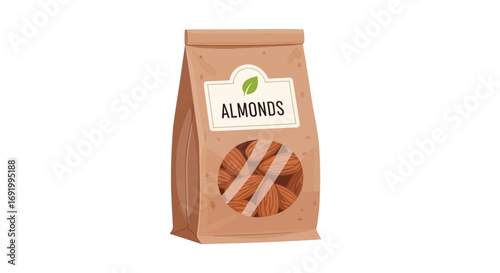 A brown paper bag filled with almonds, featuring a label with the word "ALMONDS" and a green leaf icon.
