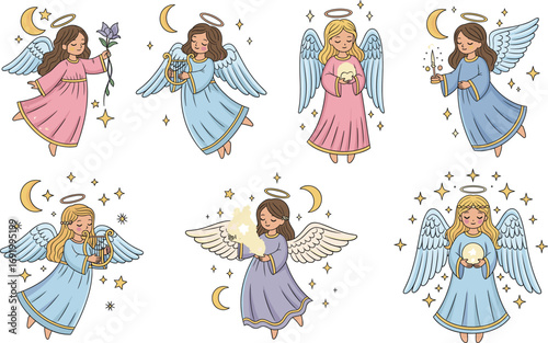 Cartoon angels with wings and halos in pastel gowns holding flowers, candles, harps, and glowing orbs on celestial background