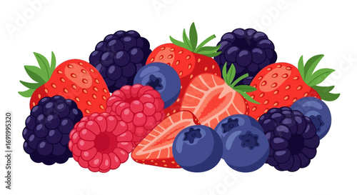 A vibrant mix of fresh strawberries, raspberries, blackberries, and blueberries.