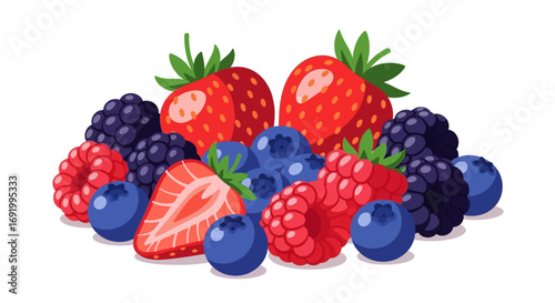An illustration showing a colorful assortment of fresh berries, including strawberries, blueberries, raspberries, and blackberries, arranged in a pile.