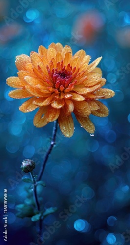 Close-up of a vibrant orange chrysanthemum with dew drops, set against a blurred teal background of bokeh