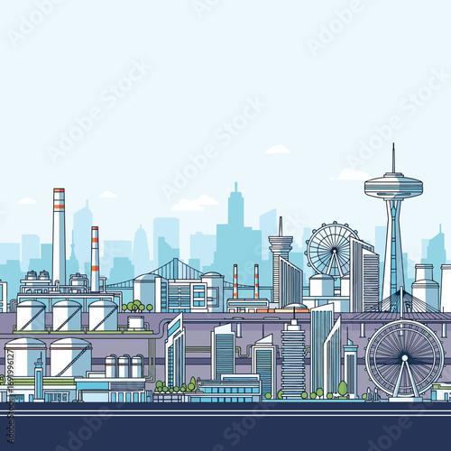 Modern cityscape with industrial buildings and amusement park attractions under a clear blue sky