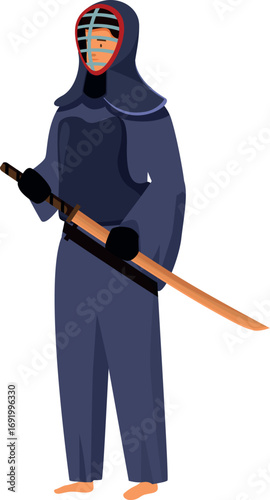 Kendo fighter is holding a bamboo sword called shinai, ready for combat