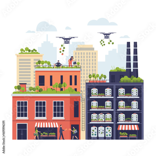 Urban rooftop vertical farming revolutionizing sustainable city agriculture with drones and green spaces