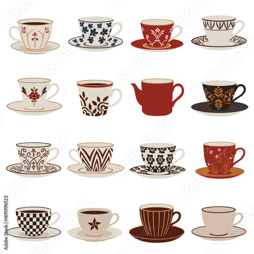 A charming collection of nineteenth century ceramic teacups and saucers displayed in a grid pattern