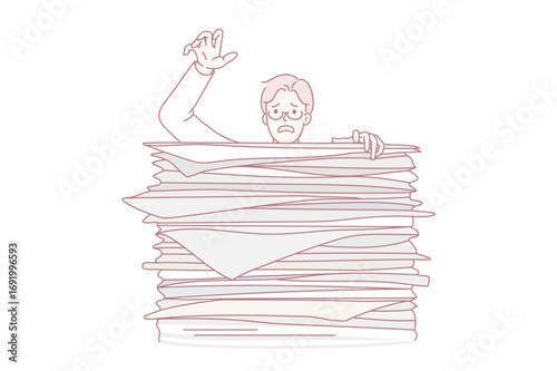 Learning boy behind huge stack of exam books. Vector concept illustration of exhausted student preparing for exams and falling of books pile.