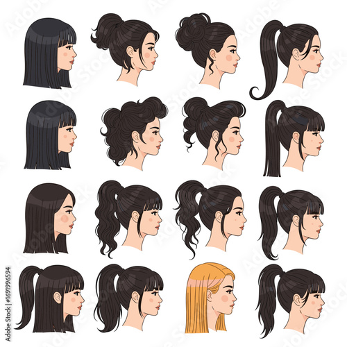 Collection of diverse female hairstyles showcasing various updos and ponytails